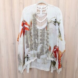 Chico's Floral Crochet Lace Silk Kimono Duster OS White Multi Boho Resort Artsy